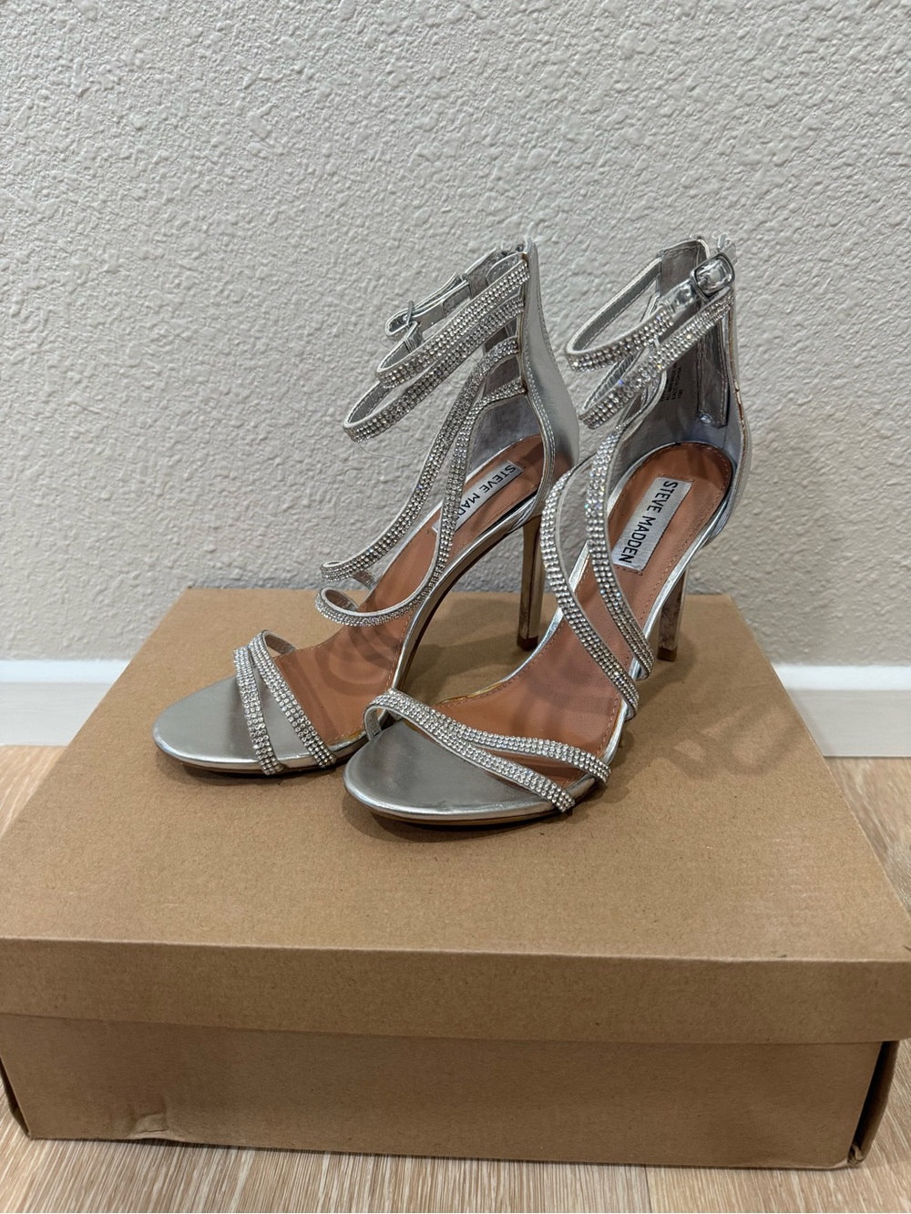 Steve Madden Metallic Silver Rhinestone Strappy Heels